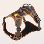 Chocolate camouflage harness with gray straps and orange-brown edging