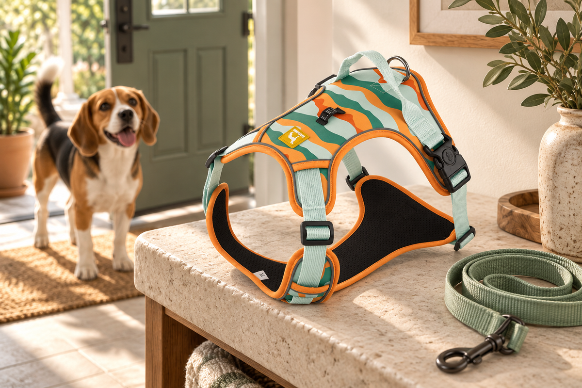 Orange camouflage harness on an entryway bench