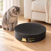 Black Paper Park round scratcher beside a gray cat