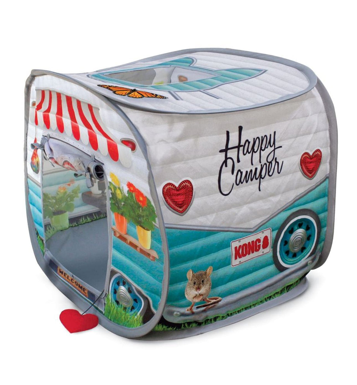 KONG pop-up cat camper with turquoise camper print, open doorway and roof opening