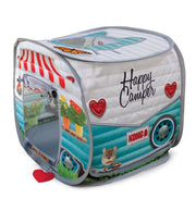 KONG pop-up cat camper with turquoise camper print, open doorway and roof opening